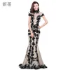 Elegant Zwart Korte Mouw Mermaid Avondjurk Applique Chiffon Prom Dresses Custom Made 100% Daadwerkelijke afbeelding Sheer Gown LJ201124