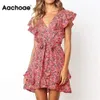 Aachoae Kleid Sommer Frauen Blumendruck Schärpen Strandkleid Boho Rüschen A-Linie Mini Sommerkleid Elegantes Partykleid Vestidos LJ200810