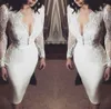 2021 Short Mermaid Wedding Dresses Long Sleeves Lace Applique Satin Scalloped V Neck Custom Made Beach Wedding Gown vestido de novia