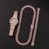 Buzlu Out Watch Bileklik Kolye Jewlery Seti Lüks Tasarımcı Erkek Hip Hop Bling Küba Bağlantı Zinciri Bilezikler Kolyeler Altın Zincirler Hediye F220R