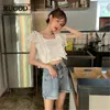 Rugod 2019 Summer Women Solid Brodery Lace Stiching Short Shirt Spaghette Strap Backless Lace Bow Blue Stylish Crop Tops T200321