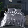 100% Satin Silk Bedding Set Luxury 4pcs Bedclothes Duvet Cover Pillowcase and Bed Sheet Queen King Bed Set for Single Double Bed 201021