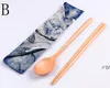 3 sztuk / zestaw Chinese Chopsticks łyżka Tkanina Torba Drewniana Obiadowa Zestaw Przenośne Naczynia Z Tabłek Kwiatowy Torba Na Outdoor Travel L