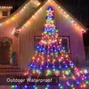 LED Fived Star Star Waterfall Lights Strings Solaire Christmas Christmas Tabing Arbre de décoration sur le toit Feux de météore pour la télécommande de la cour extérieure alimentée