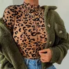 OMSJ Women Sexy Leoparden bedruckte dünne Bodysuit Brauner Hals Langarmanlagen gegen Langarmanlagen.