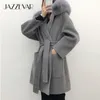 Jazzevar зимняя куртка повседневная женская реальная лиса шерсть кашемировая двусмысленная шерсть верхняя одежда дамы негабаритные пальто с капюшоном 201218