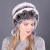 Winter Women Flowers Striped Natural Real Rex Rabbit Fur Hats Lady Warm Knit Genuine Caps Russian Outdoor 211228