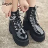 Gdgydh Patent Leather Boots Gothic Black Women Heel Sexy Chain Chunky Heel Platform Female Punk Style Ankle Boot Zipper