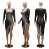 Women Sexy Party Dresses Long Sleeve for Club Night Rhinestone Hot Drilling Process Bodycon Hollow Out Mini Dress