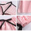 HNM Rose Stripe Imprimer Pyjamas Set Soie Satin Homewear Femme 7 Pièces Ensembles de vêtements de nuit Pyjama Femmes Printemps Été Automne 201217