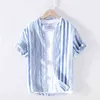 100% Pure Linen Striped Shirts For Men Short Sleeve Casual Stand Collar Hemp Shirts Man Summer Fashion Breathable Tops G0105