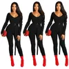 Women Fashion Open Back Sexy Low Cut V-neck Jumpsuit With Belt Long Sleeve Jumpsuit