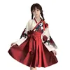Tjejer japanska stil retro kimono blommig långärmad kvinna fest klänning sommar mode outfits topp båge kjol haori för kvinnlig LJ200826