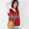 Women Sweater Vest Autumn Korean Style Vintage Geometric Argyle V Neck Sleeveless Pullover Knitted Jumper Tank Tops T360 201204