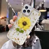 Real Sunflower Dried Pressed Foil Soft TPU Cases For Iphone 15 14 Plus 13 Pro MAX 12 11 XR XS X 8 7 6 Fashion Flower Confetti Sequin Clear Transparent Back Cover Skin