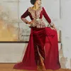 Bourgondië Fluwelen Caftan Avondjurk Karakou Algerien Lange Mouw Gouden Kant Gelegenheid Prom Party Formele Jurken