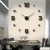 モダンなデザイン大壁時計3D DIYクォーツ時計ファッション時計アクリルミラーステッカーリビングルーム家の装飾ホルローゲ220115