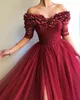 Sexy Off Shoulder Burgundy Prom Dresses Floor Length 2021 New Hand Made Flowers Front Split Cheap Long Formal Evening Gowns Half Sleeve
