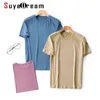 SuyaDream hommes solide t-shirts soie mélange plaine col en V manches courtes chemises 2021 été haut basique G1229