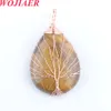 WOJIAER Fait À La Main Wrap Fil Arbre de Vie Sautoirs Colliers Pendentifs Forme De Goutte D'eau Pierre Naturelle Rose Rose Quartz Cristal Bijoux BO901