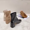 Hot Koop 2020 Herfst / Winterleer met Vierkante teen Enkellaarzen Korte Pluche Square Heel Lady's Schoenen Basic Med Hell Vrouw Boots Stretch