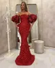 2021 Sparkly Dark Red Sequins Prom Dresses Detachable Overskirt Mermaid Short Sleeves Evening Party Gowns Formal Occasion Wear Vestidos