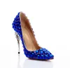 Lyxiga kvinnor Bling Seahorse Heel Diamond Singelklänning Skor Rhinestone Bröllopspumpar Silver Pläterade Högklackade Damer Full Royal Blue Crystal Borrade Klackar