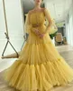 Желтые вечерние платья с длинными рукавами жемчуг разведка поезд линии выпускные платья ruffles vestidos формальный халат де