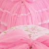 Estilo coreano Pink renda colaboradouro conjunto rei rei size 4pcs estampa rosa princesa cover capa sai saias de cama de cama algodão HOM89088842