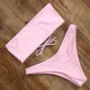 High Cut Adjustable Bikini Set Push Up Sexy Swimsuit Brazilian Thong Bandeau Top Swimwear Off Shoulder Bathing Suit Biquini T200508