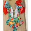 Sexy Ruffle Print Floral Swimsuit Off The Shoulder Swimwear Women Solid Deep-V Beachwear Bathing Suit Monkini 220308