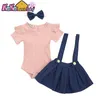 Nyfödda baby tjejer kläder set mode ruffle rosa romper toppar huvudband strap klänning för flicka outfits sommar spädbarn kläder uppsättningar lj201221