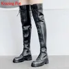 KRAZING POT COWER LEATHER CROSS-bundet Model Show Daily Wear Over-Knee Boots Round Toe Med Heels Keep Warm Equestrian Boots L161