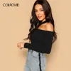 COLROVIE Noir Asymétrique Découpe Cou Côtelé Mince Sexy Tricot T-Shirt Femmes Chemises À Manches Longues Streetwear Top Femme Tee 201028