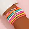 Small Gold Alloy Heart Charm Bracelets Colorful Polymer Clay Vinyl Heishi Disc Strands Stretch Bracelet Jewelry Wholesale 7pcs/set