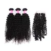 Virgin Brazilian Curly Wave Hair Bundles With Lace Closure Unprocessed Peruvian Human Hair Weave With Closures 1B Black Forawme Hair