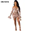 CM.YAYA Tie Dye Letter Women Draped Midi Dress Off Shoulder Flare Long Sleeve Bodycon Sexy Club Party Pencil Mini Ruched Dresses1