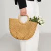 Straw Bags 2021 Women Hand-Woven Hollow Handbag Moon Shape Rattan Bag Big Capacity Drawstring Handbags Casual Travel Beach192e