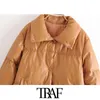 TRAF Women Fashion Faux Leather Thick Warm Padded Jacket Coat Vintage Long Sleeve Pockets Female Outerwear Chic Tops 201214
