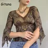 Gitana 2022 Autumn Vintage Print Flare Sleeve Lace Crop Top Women Slim Elegant V Neck T Shirts Harajuku Tee 220226