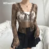 Heyoungirl Biała Koronka Sexy Mesh Cropped T Panie Jesienne Grunge Gothic T-shirt Kobiety Zobacz przez koszulki z długim rękawem 220214