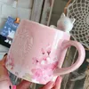 Taza de cerámica con diseño de gato feliz, color rosa, serie de flores de cerezo de Sakura auténtica, 355ml, 3348381