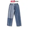 Lappster homens coreano patchwork azul jeans homens bordados bordados preto bandy baggy calças de denim mulheres hip hop harem calças ins 20111