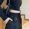 Women Fashion Harajuku Cargo Pants Black Detachable Strap Trousers Female Elastic Waist Streetwear Pants Plus Zise Casual Pants 201113