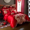 Super Luxus Rote Hochzeit Baumwolle Bettwäsche Set Golden Phoenix Dragon Stickerei Duvet Cover Bett Blatt Bettdecke Kissenbezug 4/6 / 9pcs T200706