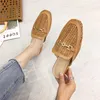 Niufuni Womens Womens Slippers Solid Color Low Heel Casual Hollow Shoes Mule Slippers Flat Shoes Cane Metal Beach Shoes y200423