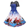 Dentelle de Noël robe femmes 2020 nouveau manches courtes imprimée haute taille élégante vintage hiver noël fête robe robe robe et taille 3xl