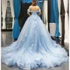 Свадебное платье синего цвета с открытыми плечами, бальное платье принцессы с 3D цветами, кружевной корсет сзади, небелое платье невесты Romantic1491597