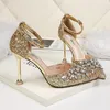 Women Summer 95cm High Heels Crystal Luxury Design Sandals Lady Glitter Bling Pumps Sequins Wedding Bridal Sandles Strap Shoes1387332