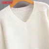 Tangada Fall 여성 레이스 패치 워크 스웨터 캐시미어 니트 풀오버 스웨터 V 목 고품질 점퍼 Sy245 201130